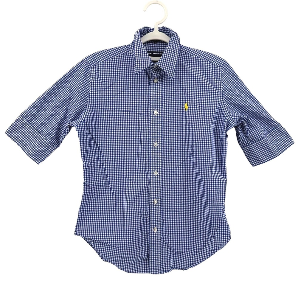 Ralph Lauren Sport Navy Gingham Cotton Button Down Women Size 8 Elbow Sleeve